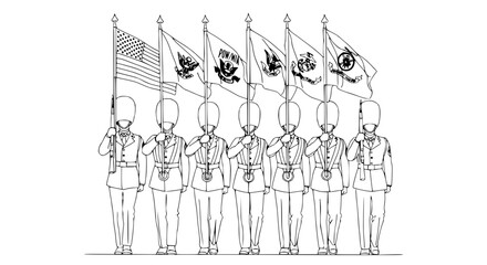 Obraz premium Military Color Guard with Flags: USA, POW MIA, Army, Navy, Air Force, Marines, Coast Guard