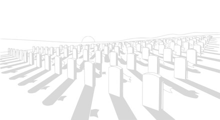 Fototapeta premium Rows of white gravestones in a field with long shadows and a distant sun.