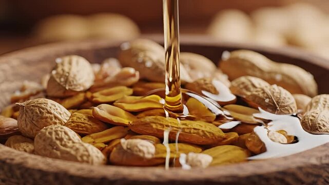 Golden Peanut Oil Pouring Over Shelled Peanuts in Wooden Bowl.
