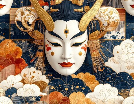 Japanese traditional Noh mask with golden horn and cloud pattern