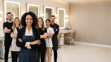 Fototapeta premium Confident female salon owner with diverse beauty team in luxury salon, hairstylists, makeup artists, nail technicians cosmetology professionals premium spa business fashion wellness self care industry