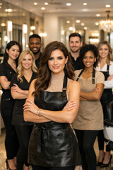 Obraz premium Confident female salon owner with diverse beauty team in luxury salon, hairstylists, makeup artists, nail technicians cosmetology professionals premium spa business fashion wellness self care industry