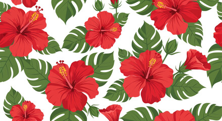 Vibrant Red Hibiscus Flowers and Green Tropical Leaves Seamless Pattern on White © elsa