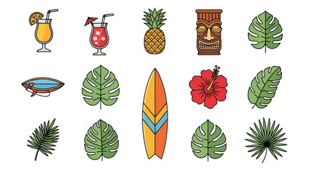 Tropical Summer Vacation Icons: Tiki, Surfboard, Cocktails, Pineapple, Hibiscus, Leaves © elsa