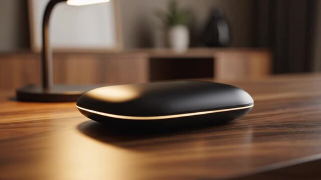 Minimalist black smart speaker on wooden office desk workspace.