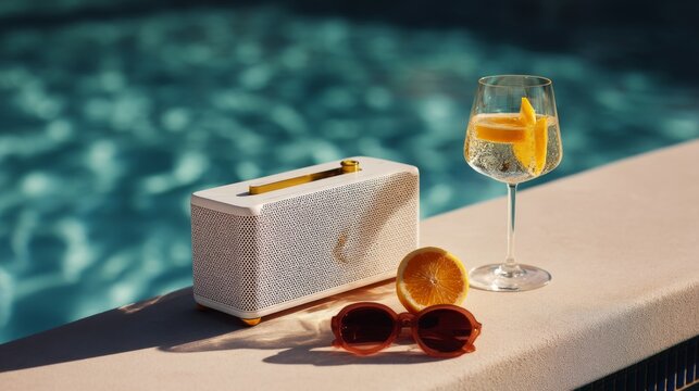 Stylish summer leisure scene by the pool with a portable speaker, refreshing drink, sunglasses, and vibrant orange slice beside a shimmering water surface