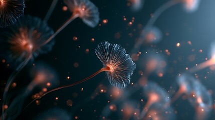 Fototapeta premium Abstract fungus spores with glowing organic dust particles, surreal microbiology texture background,