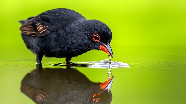 A black crake bird drinking water from a puddle with green blurry background wading bird small bird pond life animal life bird watching backyard wildlife local wildlife waterbird wildlife