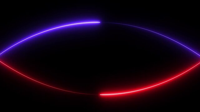 Abstract neon laser light frame of glowing blue and red lines moving fastly.