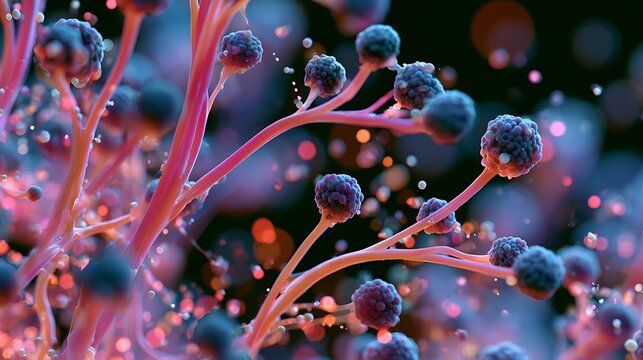 Abstract microscopic fungal world with glowing spores and microorganism particles