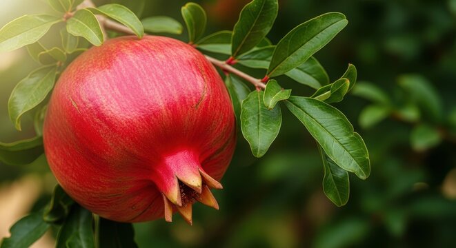 Fresh Red Pomegranate on Branch in Garden