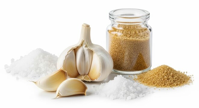 Fresh garlic cloves, white salt, and a glass jar of brown spices on a bright background