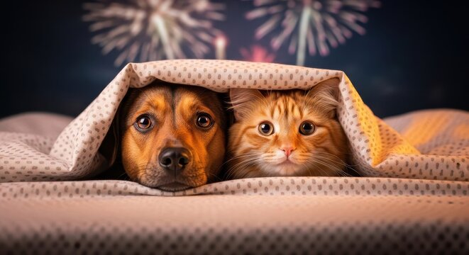Scared dog and cat hiding under a cozy blanket from loud fireworks noise