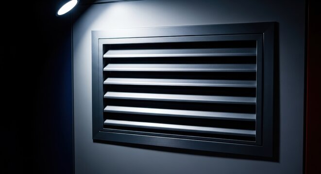 Close-up of a modern dark grey louvered air vent or ventilation grille on a wall