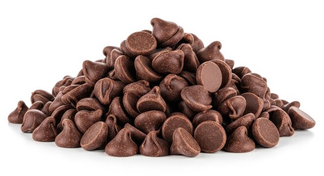 Large pile of delicious milk chocolate chips isolated on a white background