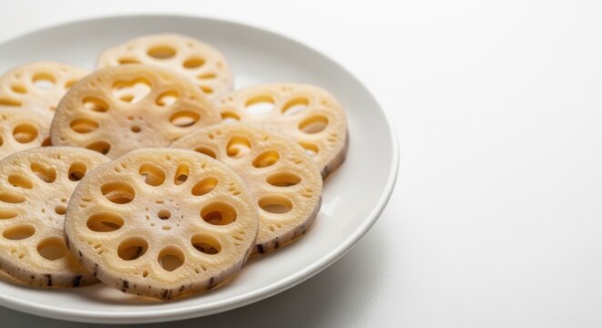Sliced lotus roots on a white plate