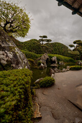 Obraz premium Chiran, Japan - March 25, 2026: Traditional Japanese garden with reflective wet ground and sculpted shrubs in Chiran Samurai Village, Kagoshima, Japan. 