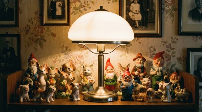 A retro style table lamp illuminates a collection of charming vintage gnome and animal figurines on a shelf