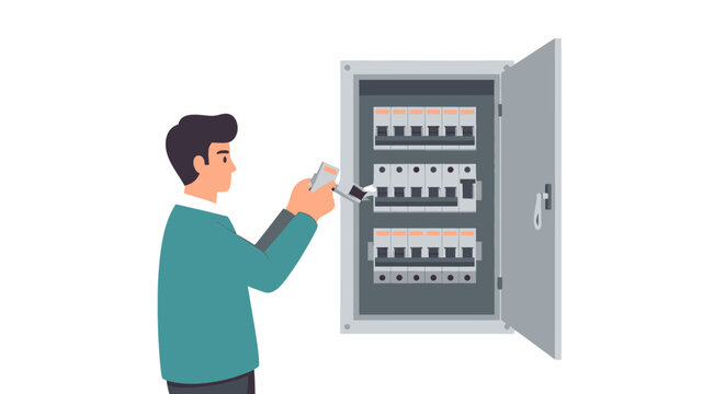 Electrician adjusting circuit breakers in electrical panel box.