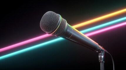 Obraz premium Dynamic microphone with vibrant neon lights in stylish presentation, showcasing music and performance themes for artistic expressions and event concepts.
