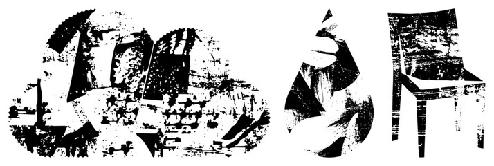 Obraz premium This collection features a weathered chair, a textured blob, and an abstract shape. These rough hewn scrap elements and junk style graphics use a high contrast stencil aesthetic.