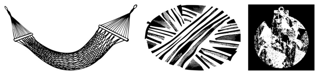 Obraz premium Collection of graphic elements featuring a curved mesh net, a striped circular emblem, and a grunge textured orb. This set includes a hammock style web and a gritty sphere.