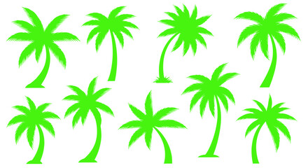Fototapeta premium Green Palm Tree Silhouettes Collection, Tropical Vector Graphics