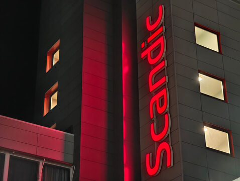 Gothenburg,Sweden-Nov.24th 2025: Scandic Hotel building with brand logo