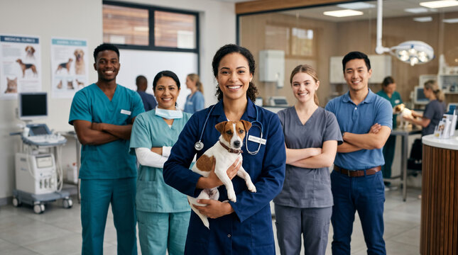 female veterinarian holding pet dog with diverse veterinary team in modern animal clinic, pet care specialists, veterinary surgeons, animal healthcare professionals, veterinary medicine staff portrait