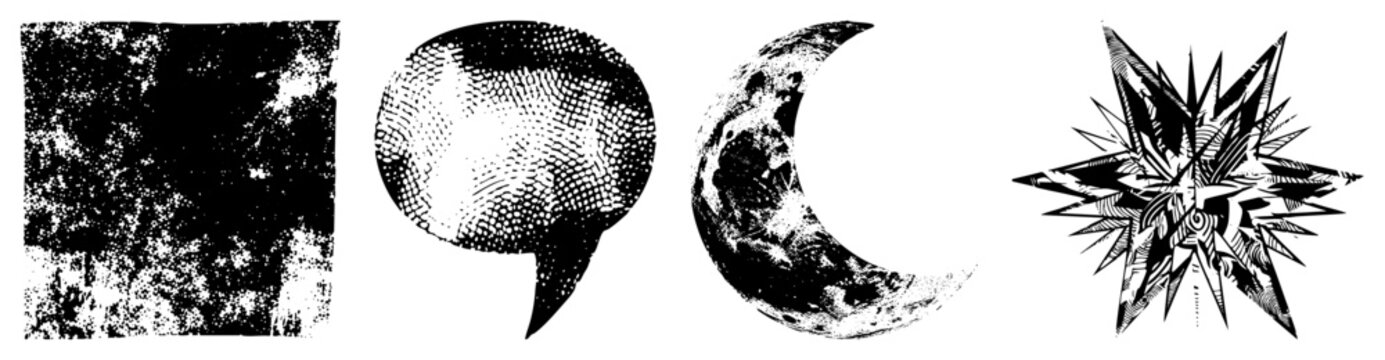 Raw textures featuring a rough splatter block, halftone speech bubble, moon, and sharp starburst. These gritty ink stamps and celestial motifs offer an edgy, street style aesthetic.