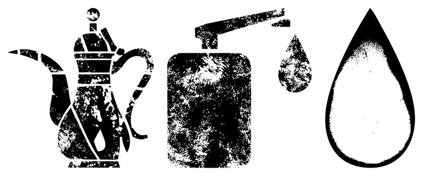 Weathered set featuring a classic dallah, a traditional coffee pot, and a single liquid droplet. These textured silhouettes capture the essence of an old world jebena and coffee drip.