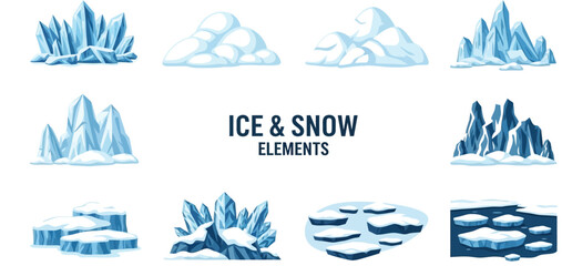 A collection of twelve stylized ice and snow vector illustrations featuring geometric ice crystals snowy mounds and floes © Faisal