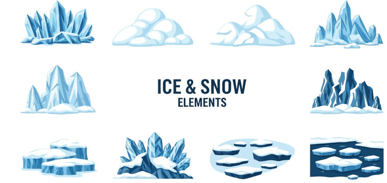 A collection of twelve stylized ice and snow vector illustrations featuring geometric ice crystals snowy mounds and floes
