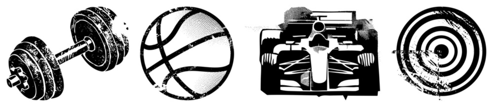 This collection features a heavy iron weight, a bouncing ball, and a racing car. These gritty athletic symbols include a basketball, a weight plate, and a speedster in a distressed stencil style.