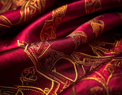 Macro Detail of Crimson Silk Songket with Golden Geometric Embroidery, Traditional Indonesian Southeast Asian Heritage Textile