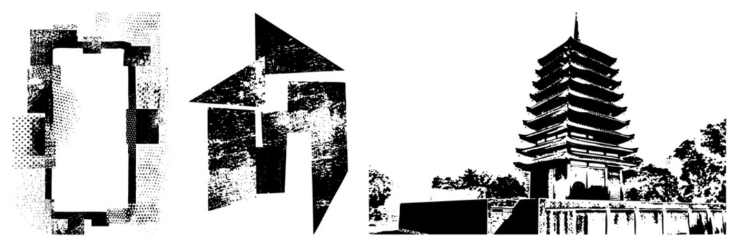 Striking stencil tower stands alongside a distorted geometric shape and a textured frame. This gritty architectural relic and abstract totem set uses high contrast halftone textures.