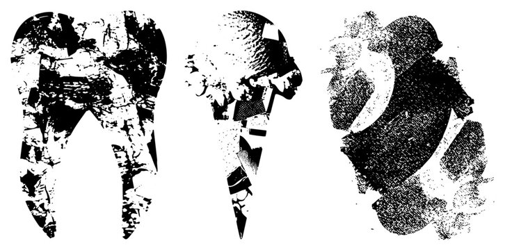 This set features three distinct molar shapes, including a stylized tooth, a dental crown, and a tooth. These gritty bicuspid silhouettes utilize heavy halftone and stencil textures.