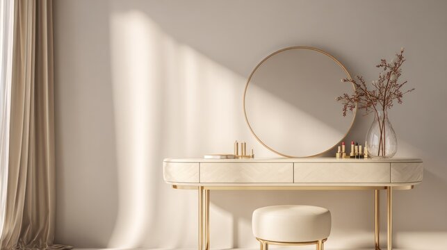 Elegant vanity table with mirror and decor indoors