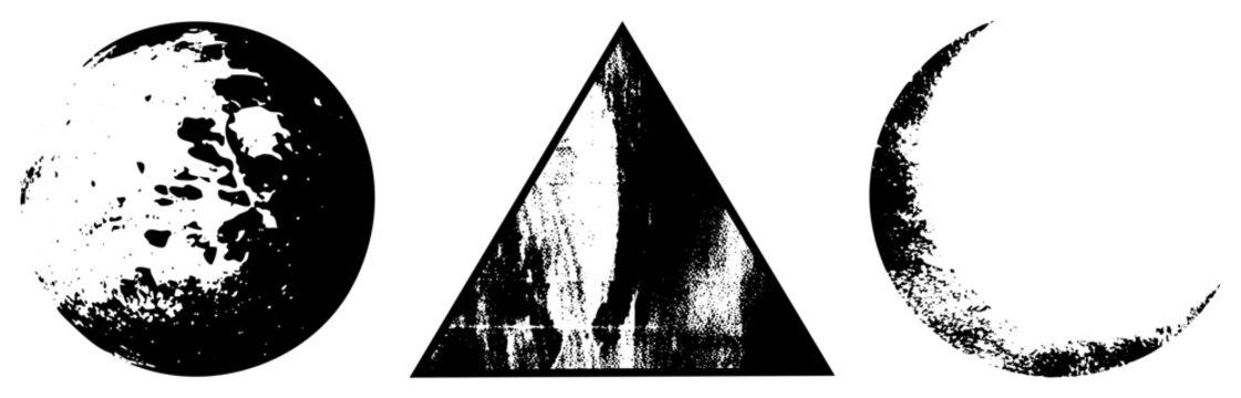 Distressed celestial featuring a textured moon, a sliver, and a central triangle. These occult sigils and cosmic emblems use a heavy stipple and ink bleed effect.
