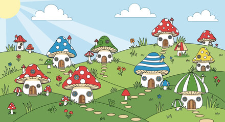 Fototapeta premium Fairytale Mushroom House Village Landscape Illustration