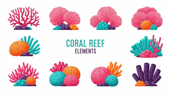 Collection of ten colorful vector illustrations of various stylized coral reef structures on white background