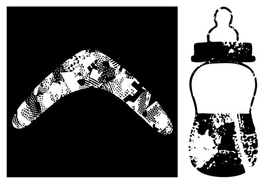 Gritty collection featuring a weathered throwing stick and a small teat bottle. These vintage items showcase a rough stencil texture, perfect for a babys nursery or an indigenous theme.