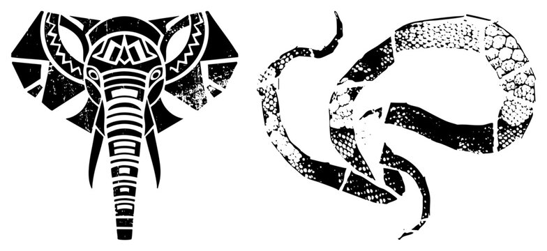 Powerful pachyderm or tusker head paired with a winding python. These ethnic motifs feature heavy stencil textures and a weathered, raw aesthetic for striking visual impact.