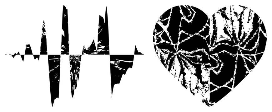 Fractured love symbol known as a broken ticker alongside a sharp pulse. This gritty heart shape and erratic heartbeat graphic feature a heavy distressed texture and stencil aesthetic.