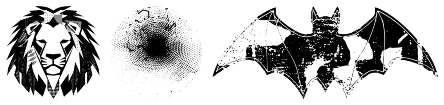 Stylized jungle king and winged night flyer, featuring a geometric mane and a grunge bat silhouette. This collection includes a predator face and a spooky flying mammal.