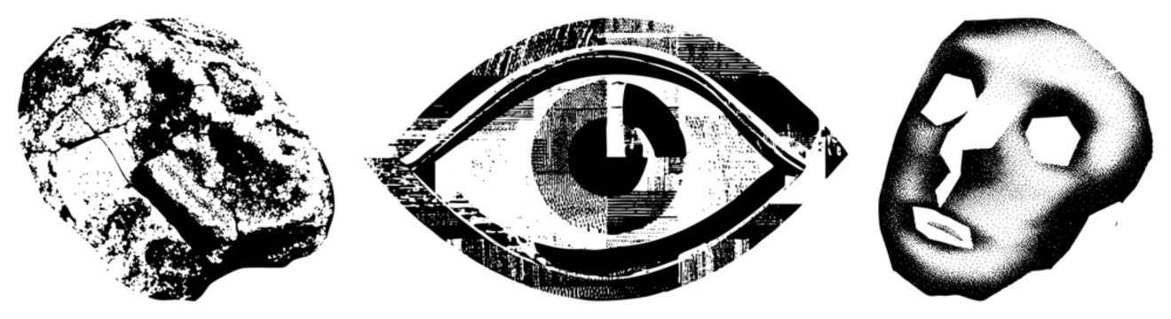 This grunge collection includes a textured rock, a geometric ocular orb, and a hollowed face mask. These stipple effect elements create a dark, surrealist aesthetic for unique designs.