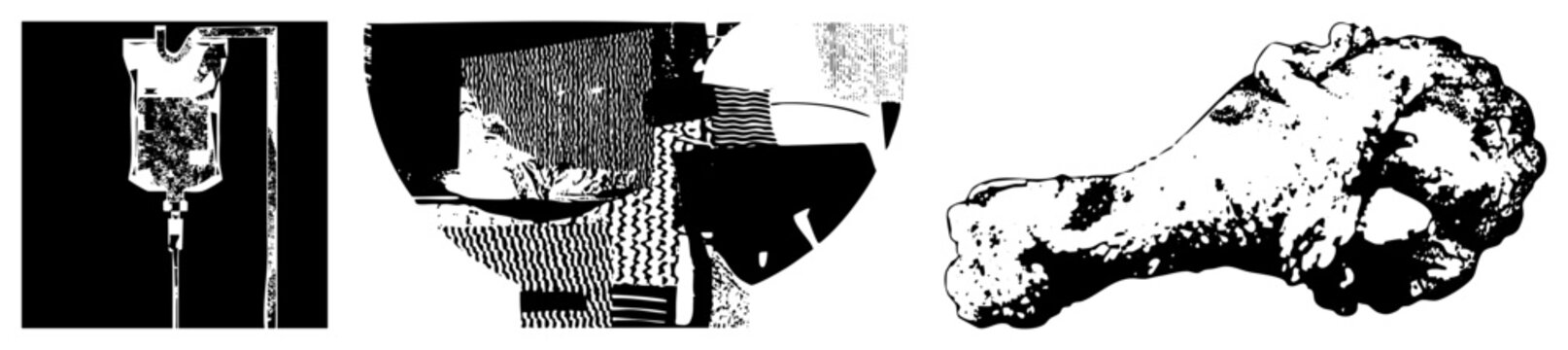 Rugged skeletal remains piece featuring a weathered marrow bone and rough osteology. This high contrast specimen shows a jagged calcified structure with heavy halftone grain.