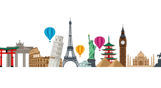 The famous landmarks of Paris, London, and Tokyo are illustrated in a scenic panoramic view with various monuments.