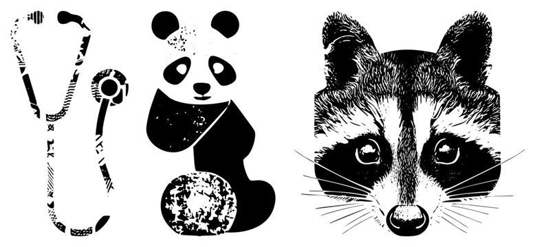 This collection features a medical stethoscope, a cute panda bear, and a detailed raccoon head. These woodland creatures and doctor tools are rendered in a bold, high contrast stencil aesthetic.