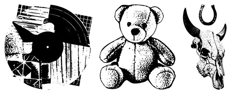 Gritty collection showcasing a vintage disc, a soft teddy bear, and a horned cattle skull with a horseshoe. These rugged include a spinning platter, a cuddly bear, and a bony skull.